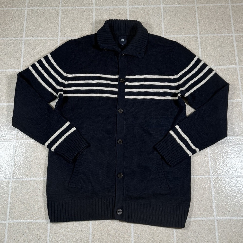 Men's Gap Button Up Cardigan Navy Blue Silk Linen Blend Cabincore Sz L Tall